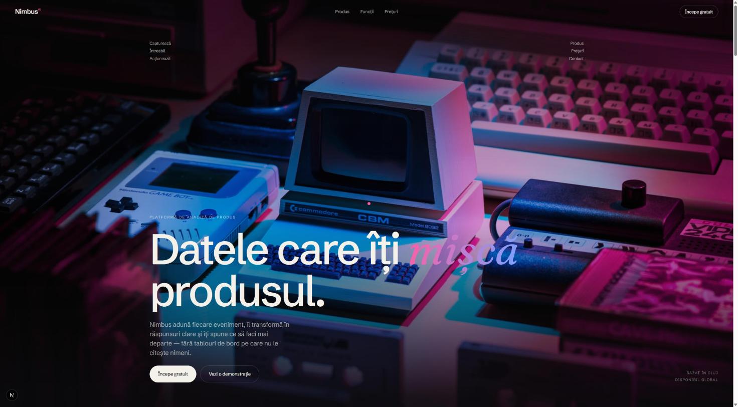 Concept Nimbus: hero întunecat cu computere retro în lumini neon și titlul „Datele care îți mișcă produsul”
